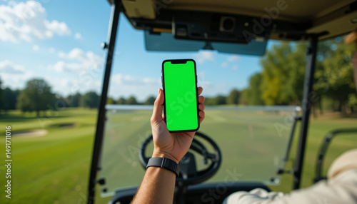 A golfer holds a green screen smartphone in a golf cart with a scenic course view, perfect for app or product mockups.
