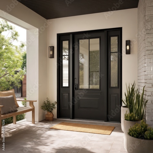 Contemporary black front entry door with sidelites, creating a sleek and stylish welcome.