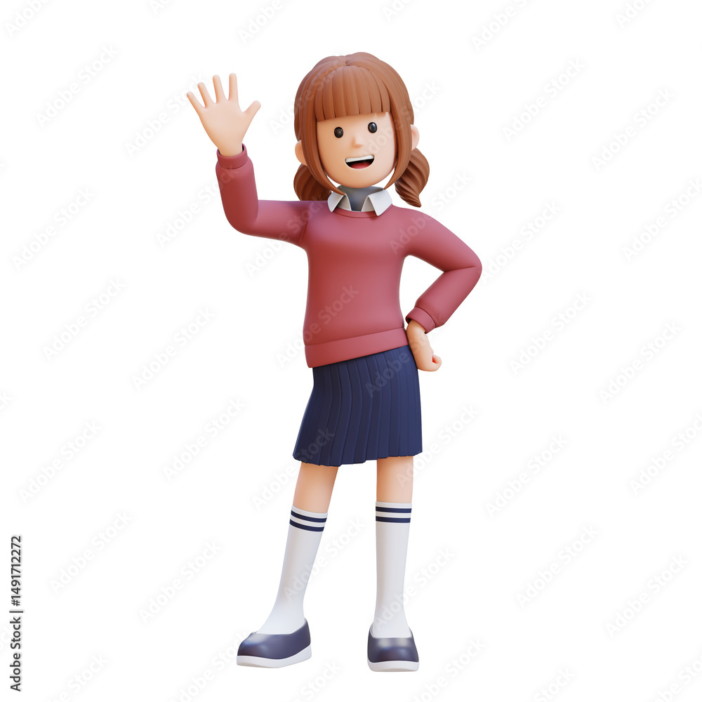 3D girl character is waving saying hello 3D girl character is waving saying hello