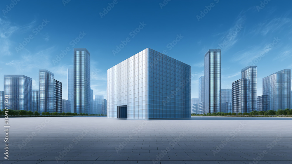 Fototapeta premium 3d render of modern office buildings and open space on the ground under blue sky