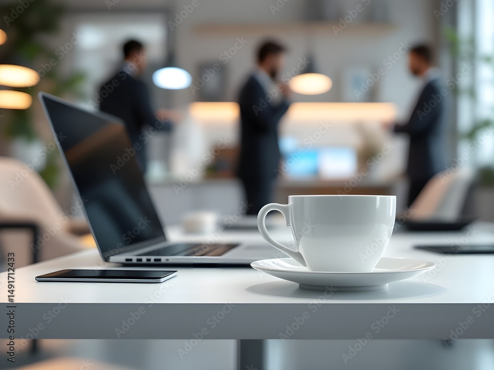 White coffee cup with laptop computer on office table for business concept, in clean office. White coffee cup with laptop computer on office table for business concept, in clean office.