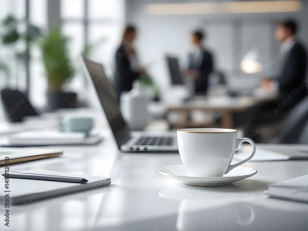 White coffee cup with laptop computer on office table for business concept, in clean office. White coffee cup with laptop computer on office table for business concept, in clean office.