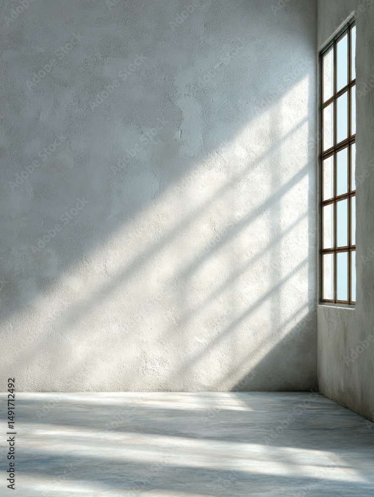 Obraz premium Interior scene of empty room with sunlight streaming through window casting shadows on textured wall and floor