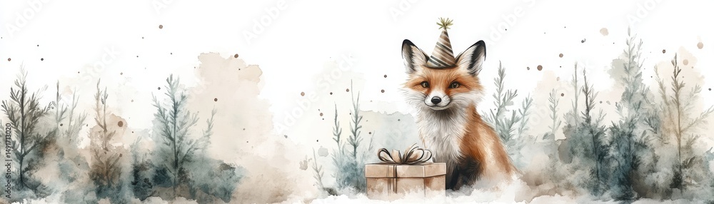 Obraz premium Watercolor fox with a party hat and gift box in a wintry forest scene.