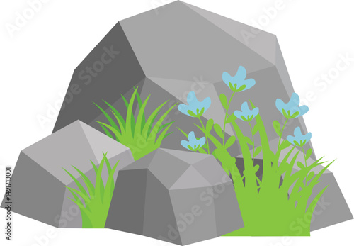 Rock And Grass With Wildflower