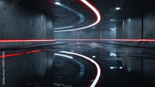 Fototapeta Naklejka Na Ścianę i Meble -  Futuristic underground tunnel with neon lighting and reflections