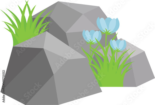 Rock And Grass With Wildflower