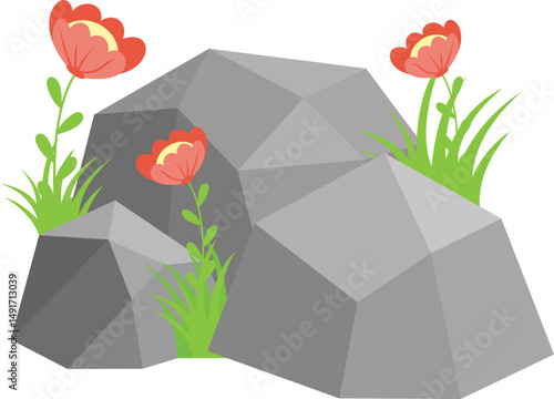 Rock And Grass With Wildflower