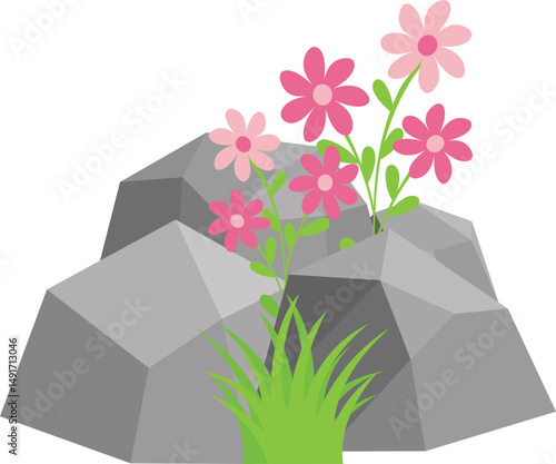 Rock And Grass With Wildflower