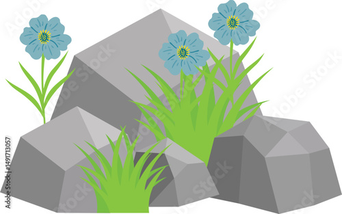 Rock And Grass With Wildflower