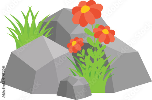 Rock And Grass With Wildflower