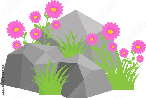 Rock And Grass With Wildflower
