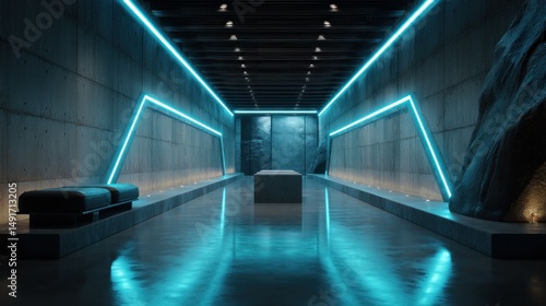 Fototapeta Naklejka Na Ścianę i Meble -  Futuristic concrete tunnel with vibrant blue neon lighting