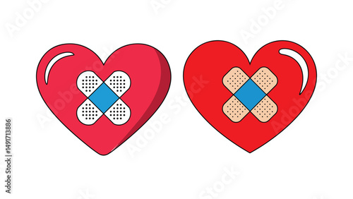 Broken Hearts with Bandages – Two Red Hearts with Patch Bandages Representing Emotional Healing or Heartbreak in Flat Cartoon Style