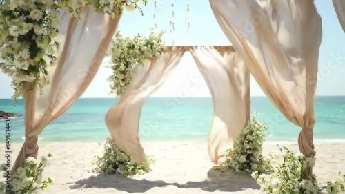 Beach wedding ceremony setup with floral arch and flowing fabric