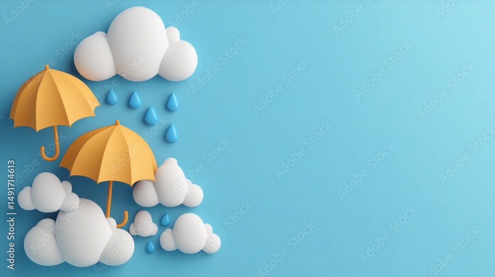 Colorful Umbrellas and Raindrops Illustration Against a Blue Background with Clouds Colorful Umbrellas and Raindrops Illustration Against a Blue Background with Clouds