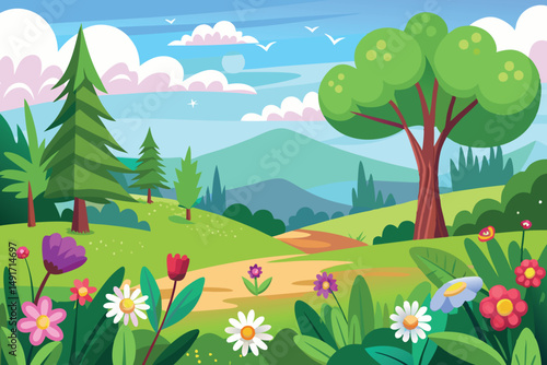 flower landscape scene with many trees vector illustration