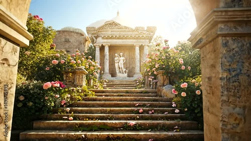 Serene garden with blooming roses leading to a classical stone temple at sunset