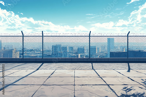 Anime School Rooftop with City Background