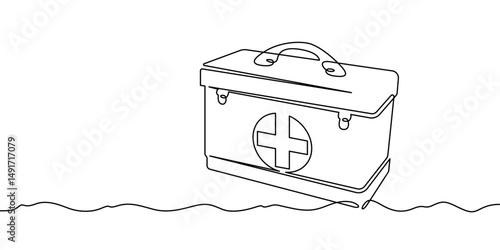 Continuous one line drawing medical bag. Bag with a cross. Doctor's bag. One continuous line isolated minimal illustration.Not AI.