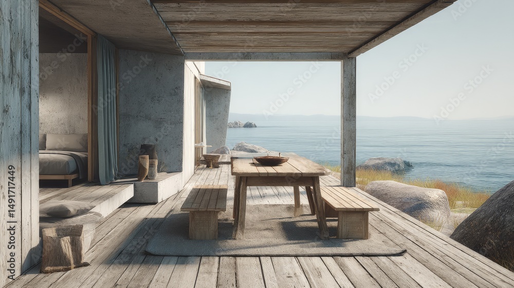 Fototapeta premium Coastal Haven Seaside Dining with Modern Home, and Ocean View Relax.