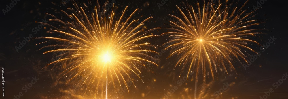 Naklejka premium Radiant yellow fireworks explode in a night sky, vibrant and intense , art, spectacle, event
