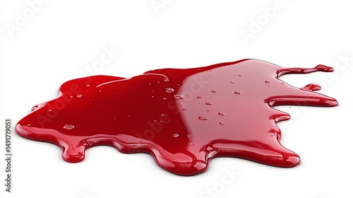 A vivid red liquid spilled, forming an irregular puddle with glossy surface and small air bubbles