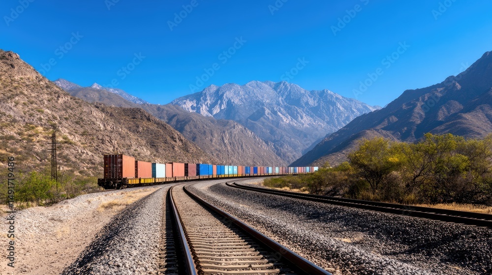 Fototapeta premium Freight train journey through rugged mountains on clear day transport and logistics