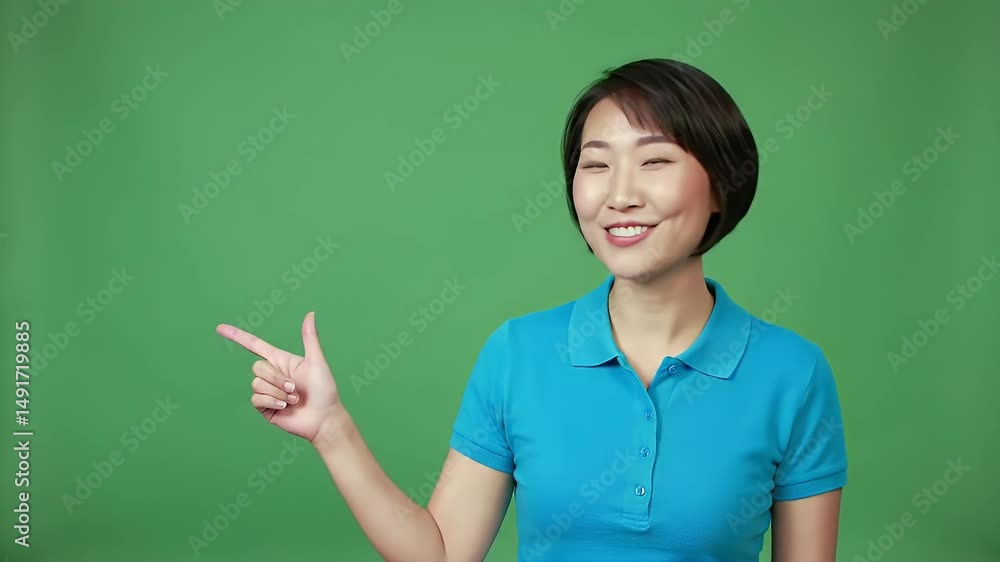 Young Asian Woman in Blue T Shirt Pointing Right on Green Background Smiling and Looking at Camera Young Asian Woman in Blue T Shirt Pointing Right on Green Background Smiling and Looking at Camera