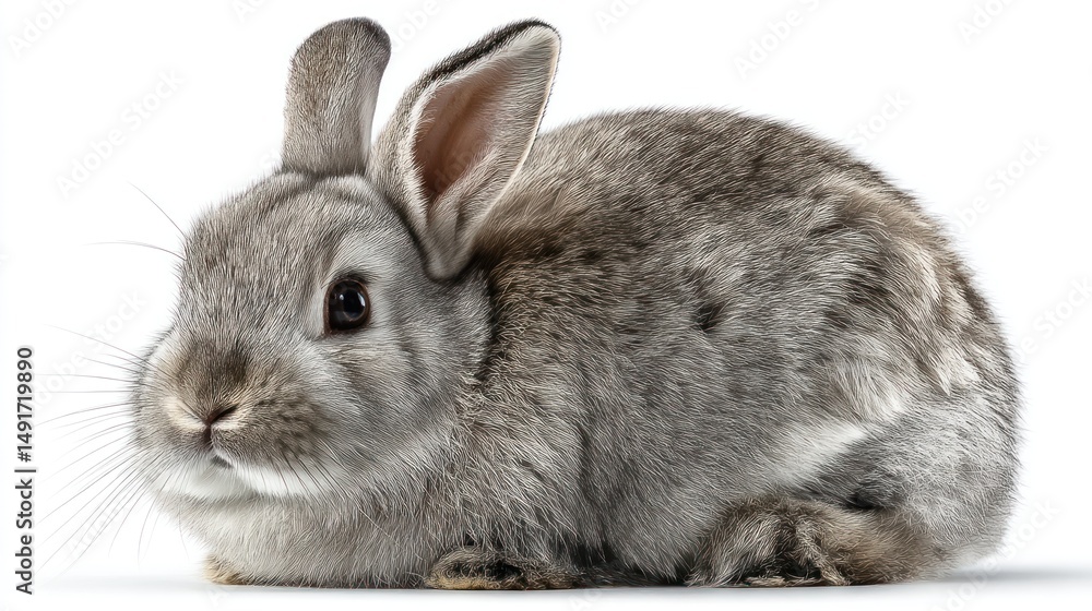 Obraz premium A European rabbit with soft gray fur, sitting calmly in the center, white background, sharp focus, natural pose, studio-lit, photorealistic