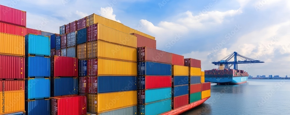 Fototapeta premium Cargo ship at dock with stacked shipping containers for international trade and transportation