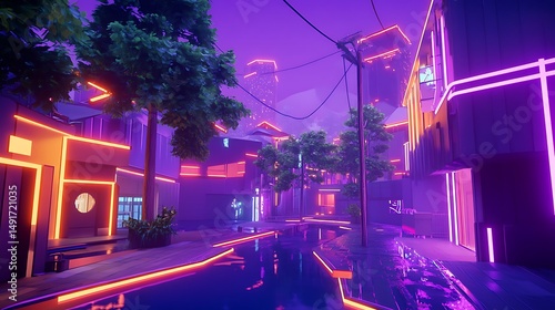 Neon city street at night