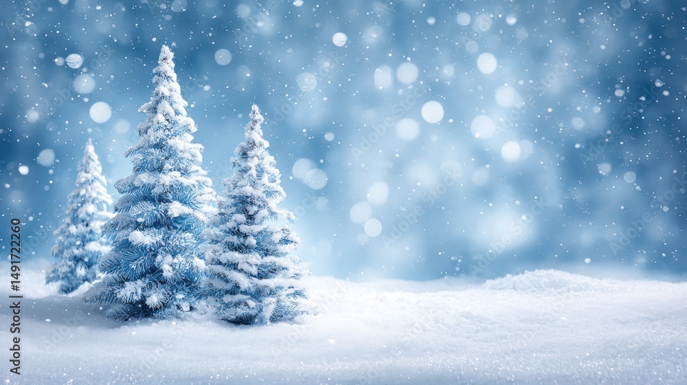 Snow-covered trees with falling snowflakes in a serene winter landscape during daylight. Snow-covered trees with falling snowflakes in a serene winter landscape during daylight.