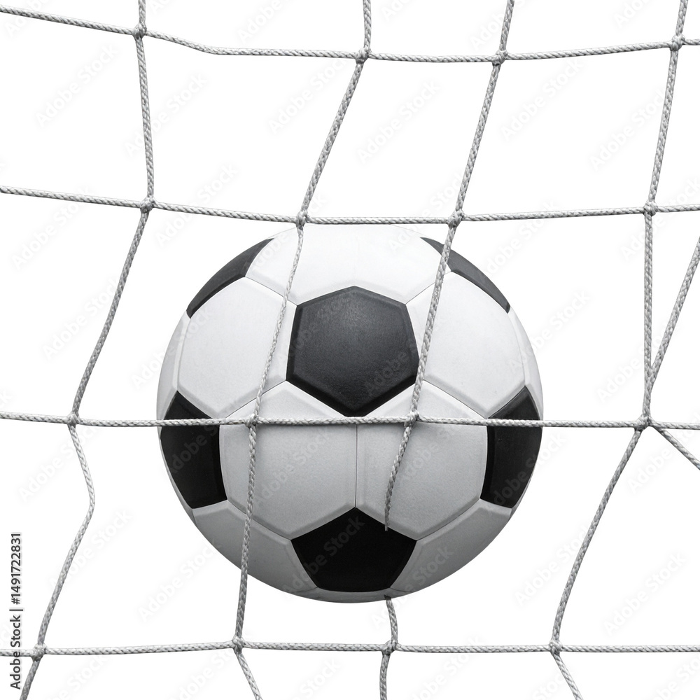 Naklejka premium A classic black and white soccer ball caught in the net.