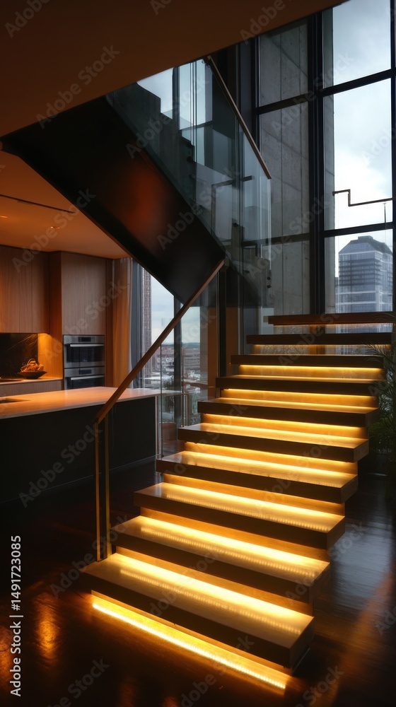 Obraz premium Illuminated Staircase in Modern Home Interior Low Angle View of Contemporary Design with Cityscape Background