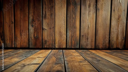 Rustic wooden wall and floor background. Rich, dark tones, vertical planks, textured surface