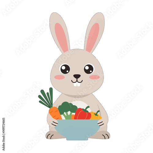 Cute Rabbit Holding Bowl Of Vegetables