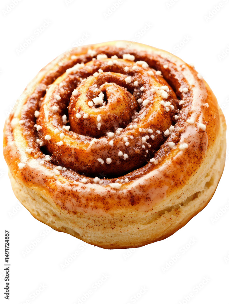 A single delicious cinnamon roll with icing and sprinkles sits isolated on a bright white background alone now. A single delicious cinnamon roll with icing and sprinkles sits isolated on a bright white background alone now.