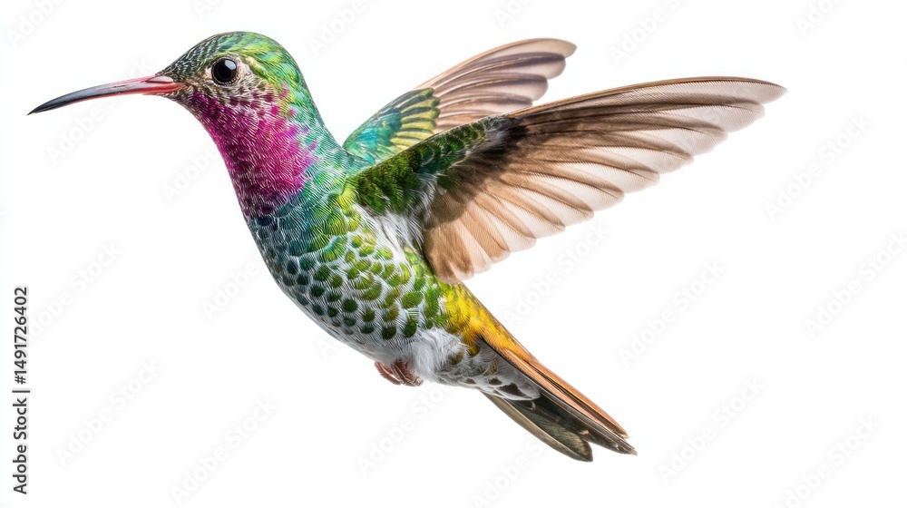 Obraz premium A hummingbird mid-flight with wings blurred from rapid movement, hovering in the center, white background, sharp focus on body, studio-lit, photorealistic