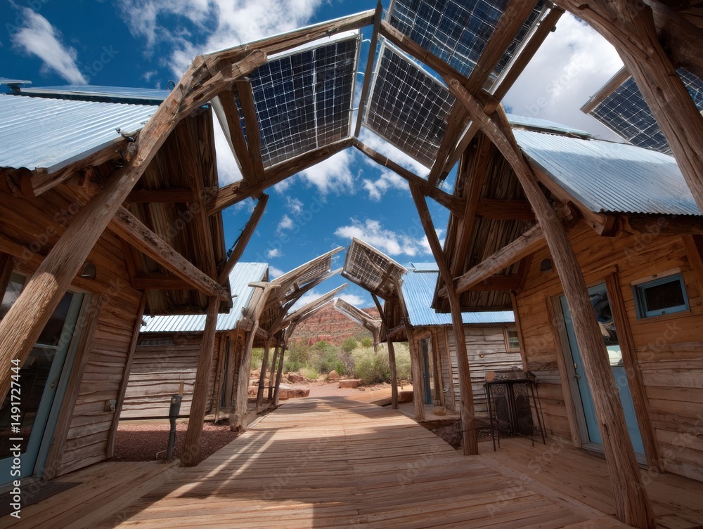 Obraz premium Unique Perspective of Solar Panels on Rustic Cabins in Eco-Friendly Resort, Low Angle View of Sustainable Architecture in Desert Location