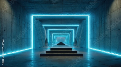 Fototapeta Naklejka Na Ścianę i Meble -  Futuristic concrete tunnel bathed in vibrant blue neon light