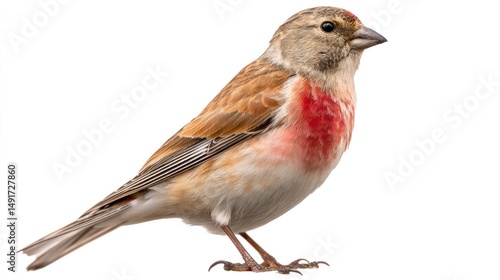 A Linnet with reddish breast and brown back, sitting calmly in the center, white background, sharp focus, natural pose, studio-lit, photorealistic