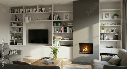 Wallpaper Mural Modern living room with built-in shelving and fireplace Torontodigital.ca