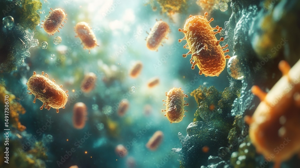 Naklejka premium Microscopic bacteria in vibrant motion. Detailed close-up view of various types of bacteria suspended in a fluid medium