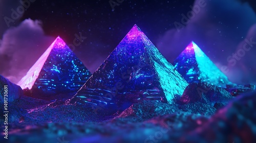 Neon pyramids night landscape