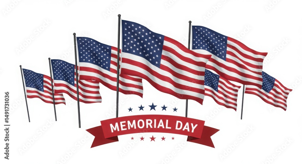 Obraz premium Memorial day celebration with american flags waving on a white background
