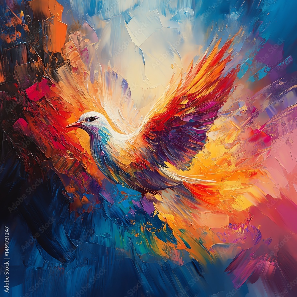 Obraz premium Vibrant and colorful dove painting, abstract Christian art representing the Holy Spirit, generative AI creative concept