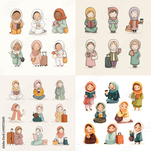 Cute illustrated Muslim girls in modest clothing with books, luggage, and coffee. Perfect for Islamic school material, hijab fashion, or cultural diversity designs.

