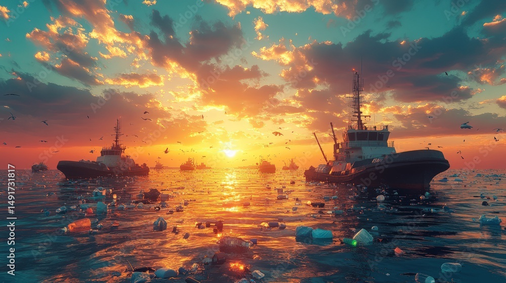 Obraz premium Ocean pollution at sunset. Tug boats navigate a polluted sea