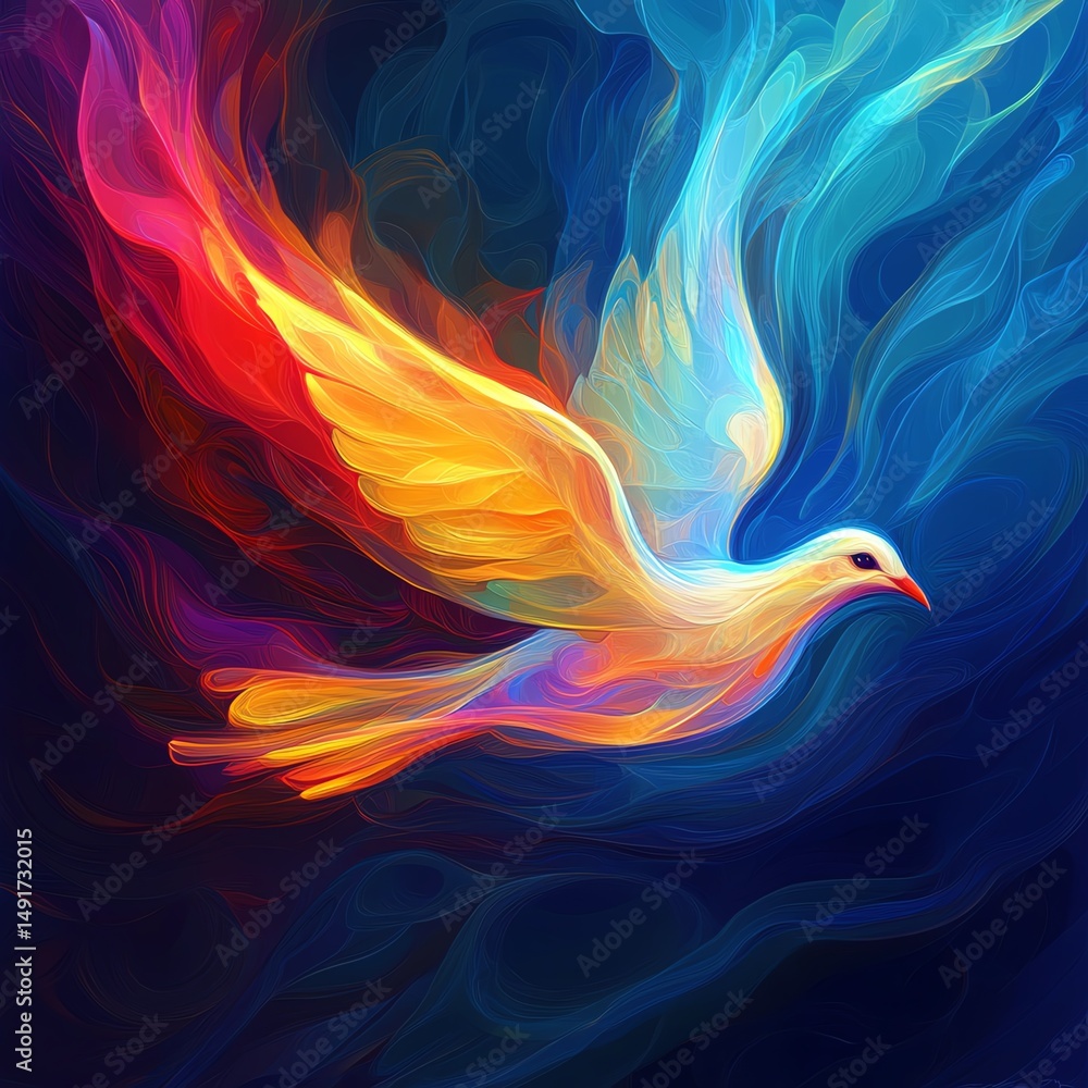 Obraz premium Abstract art of a dove in a spectrum of colors, representing the Holy Spirit, Christian generative AI illustration
